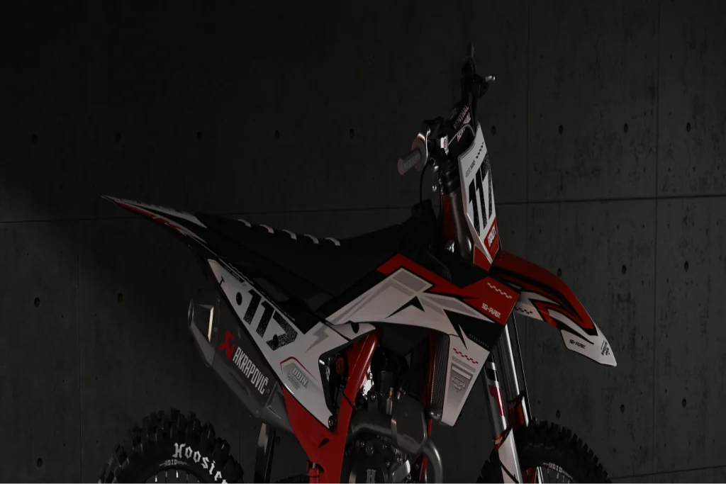 Red, white and black LIT Seismic graphics on a KTM motorcycle