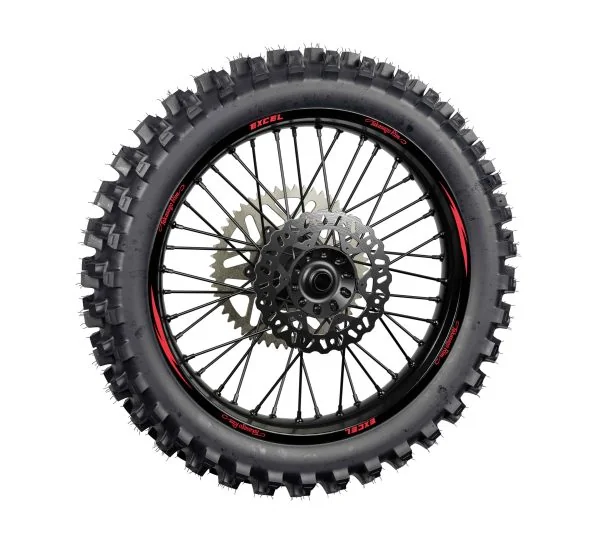Red rim graphics on a motocross wheel