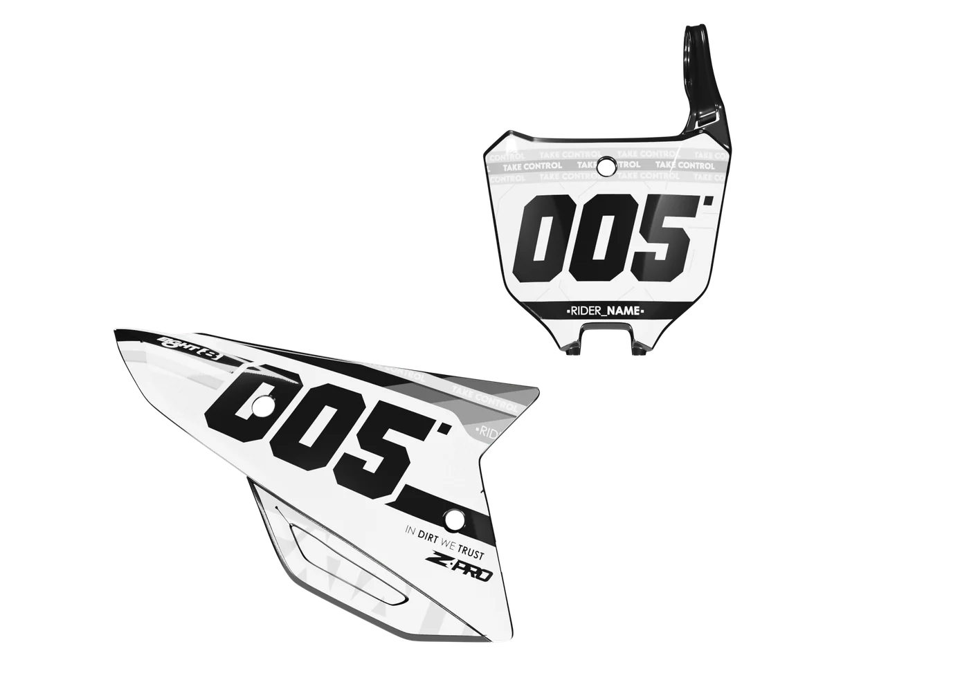 Front and side motorcycle plastics fitted with white LIT 005 number-plate graphics