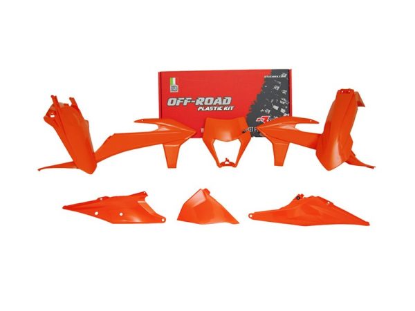 KTM XC-W/EXC 150/250/300, XCF-W 350/450/500, EXC-F 250/350/450/500 Plastics Kit 2019-2023 – Orange · 6 pcs, no fork guards, incl. headlight mask · R-Tech